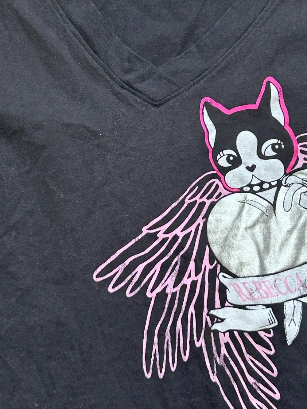 Vtg Rebecca Bonbon T-Shirt Dress Black Y2K Kawaii French Bulldog Graphic Large